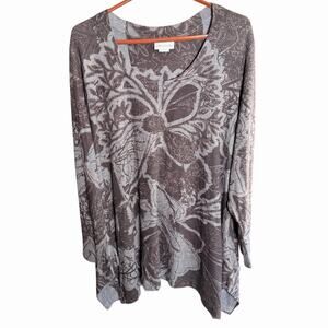 Soft Surroundings Renaissance Tunic Top Gray Floral Lagenlook Hanky Hem 2XL XXL